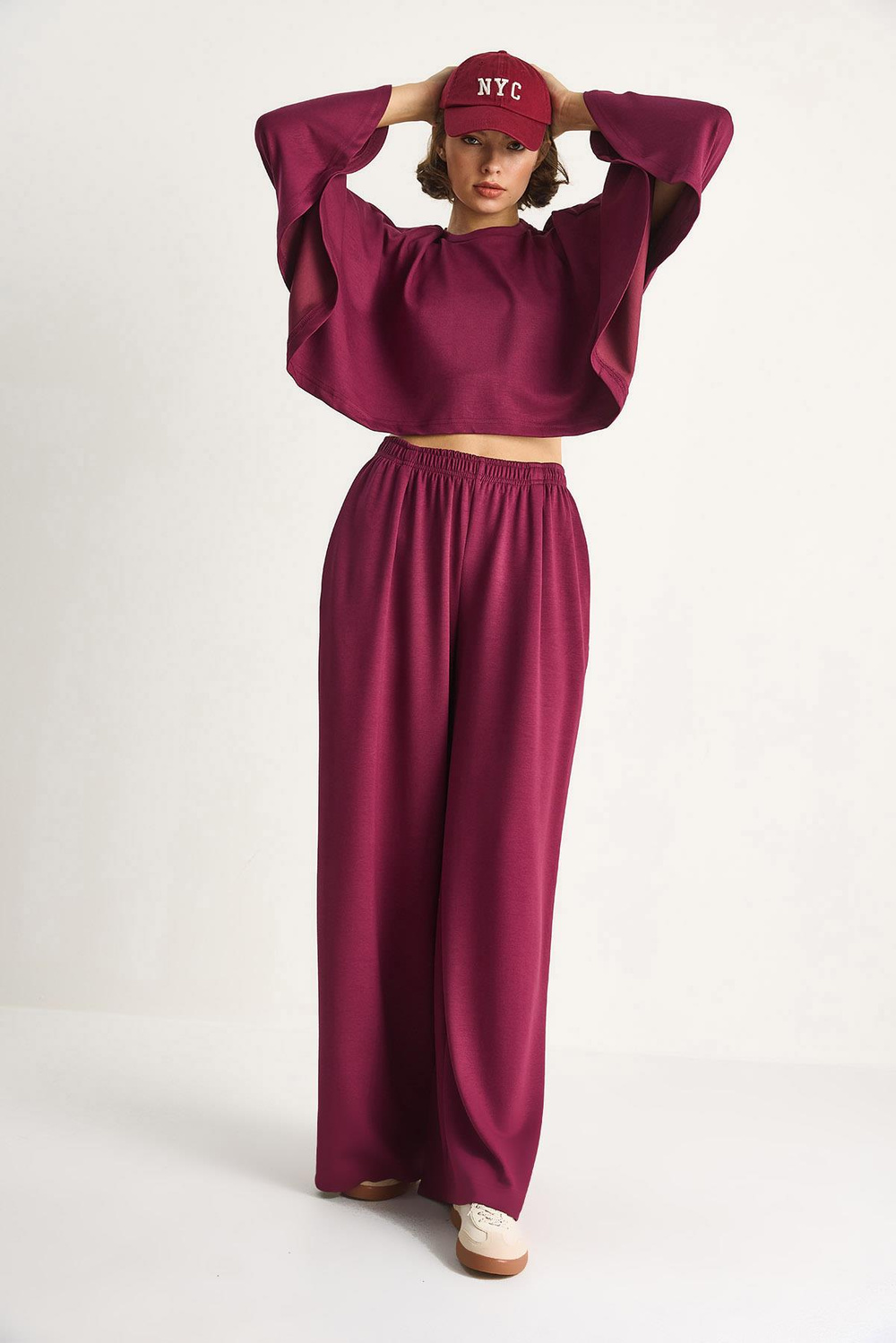 Kadın Yarasa Kol Crop Beli Lastikli Pantolon Modal Alt-Üst Takım 4025  60284068 - Vişne