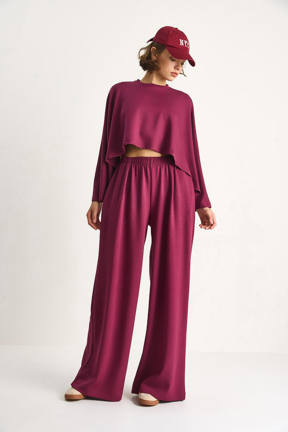 Kadın Yarasa Kol Crop Beli Lastikli Pantolon Modal Alt-Üst Takım 4025  60284068 - Vişne