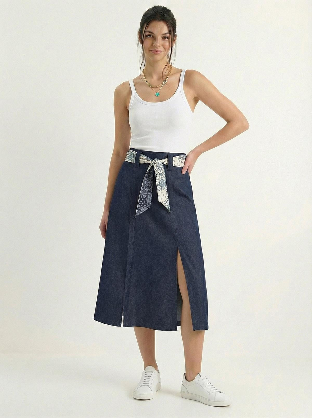 Kadın Yırtmaç Detaylı Desenli Saten Kemerli Midi Boy Denim Etek 7512 60283934 - Lacivert