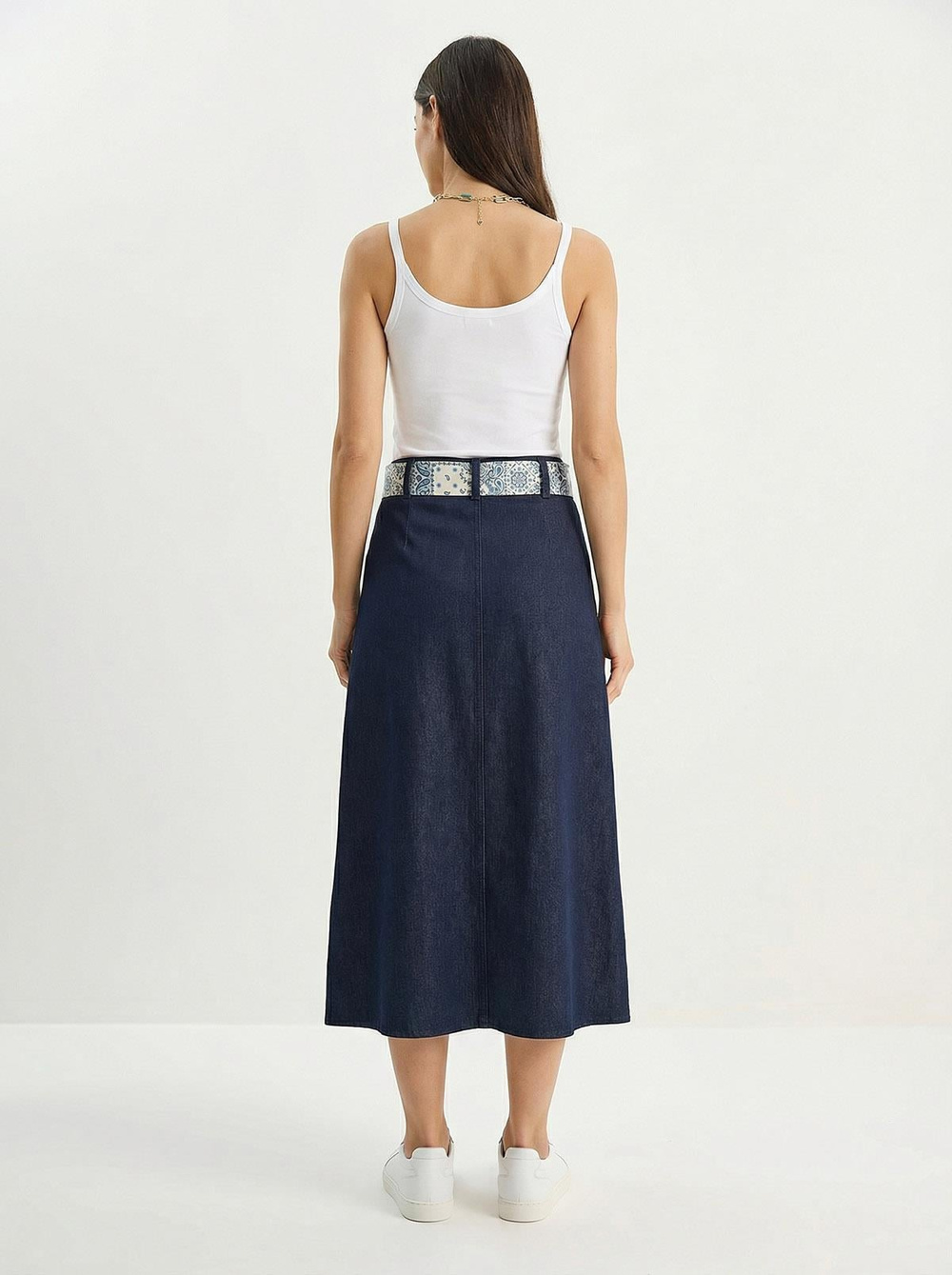 Kadın Yırtmaç Detaylı Desenli Saten Kemerli Midi Boy Denim Etek 7512 60283934 - Lacivert