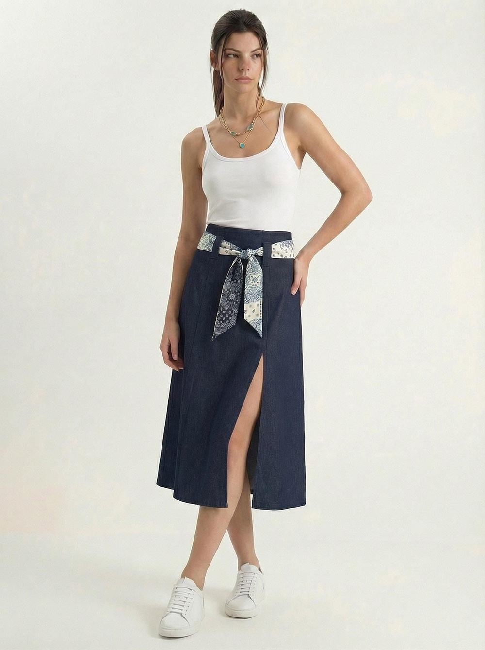Kadın Yırtmaç Detaylı Desenli Saten Kemerli Midi Boy Denim Etek 7512 60283934 - Lacivert