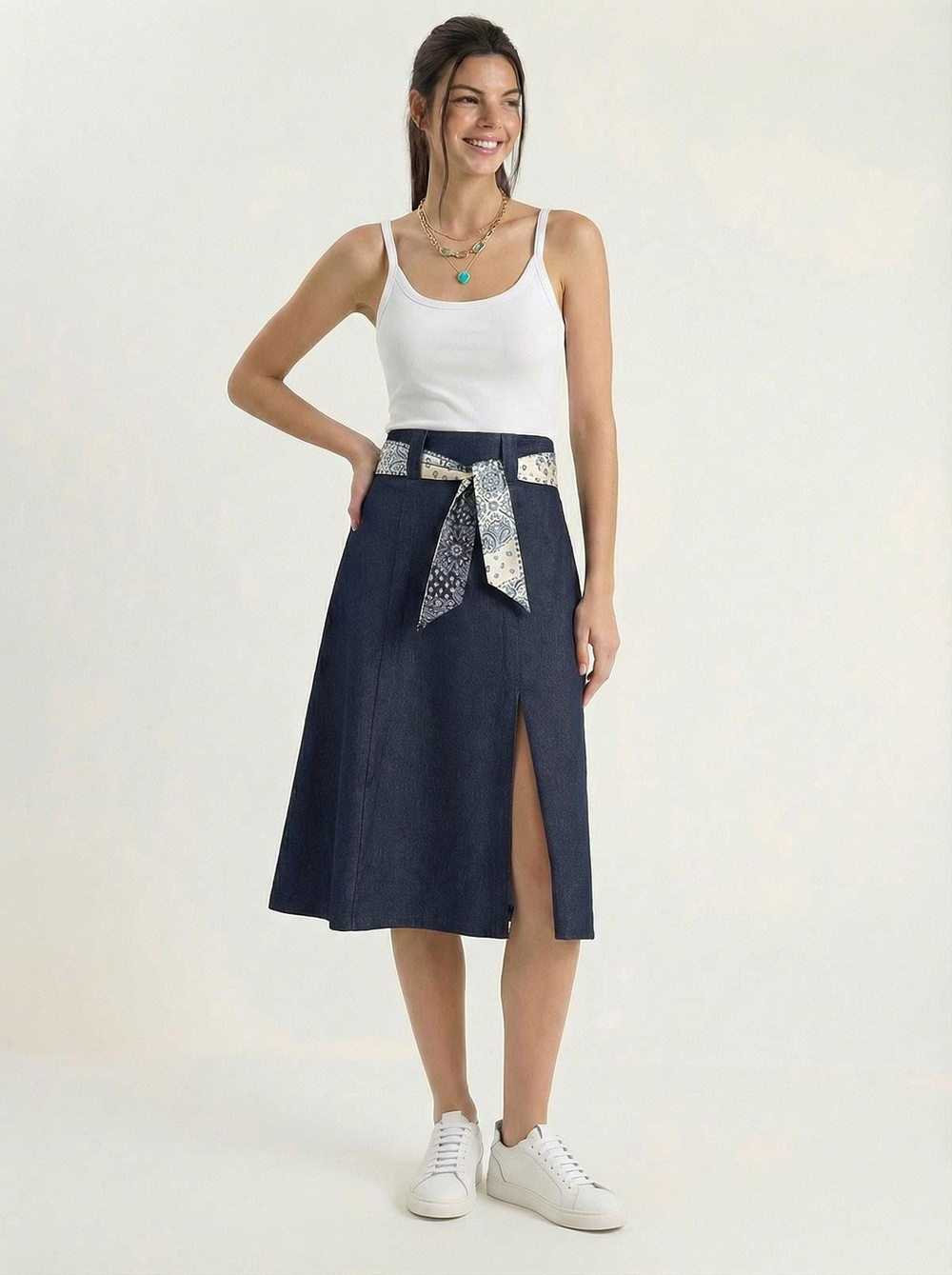Kadın Yırtmaç Detaylı Desenli Saten Kemerli Midi Boy Denim Etek 7512 60283934 - Lacivert