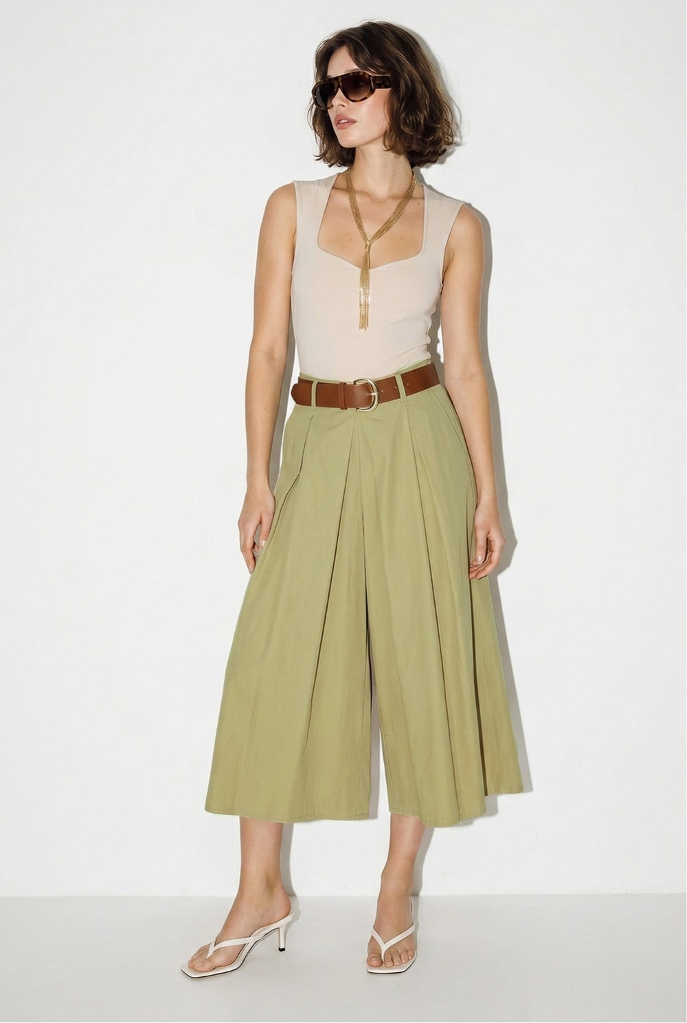 Kadın Yüksek Bel Pile Detaylı Geniş Paça Culotte Pantolon DP261038 60286319 - Haki