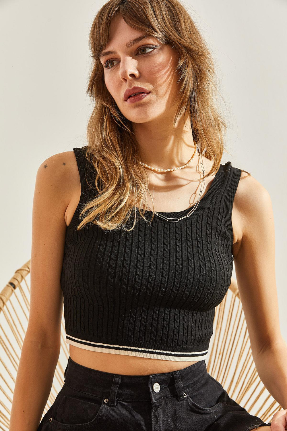 Kadın Kalın Askılı Triko Crop Bluz 20246140 - Siyah