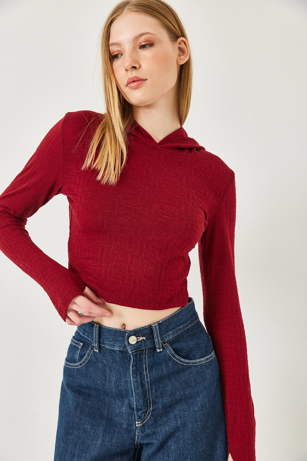 Kadın Kapişonlu Jakarlı Bluz 7191 60261282 - Bordo