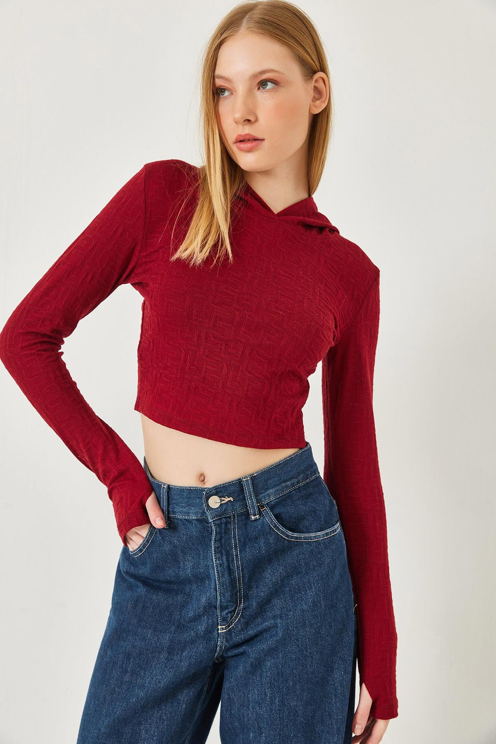 Kadın Kapişonlu Jakarlı Bluz 7191 60261282 - Bordo