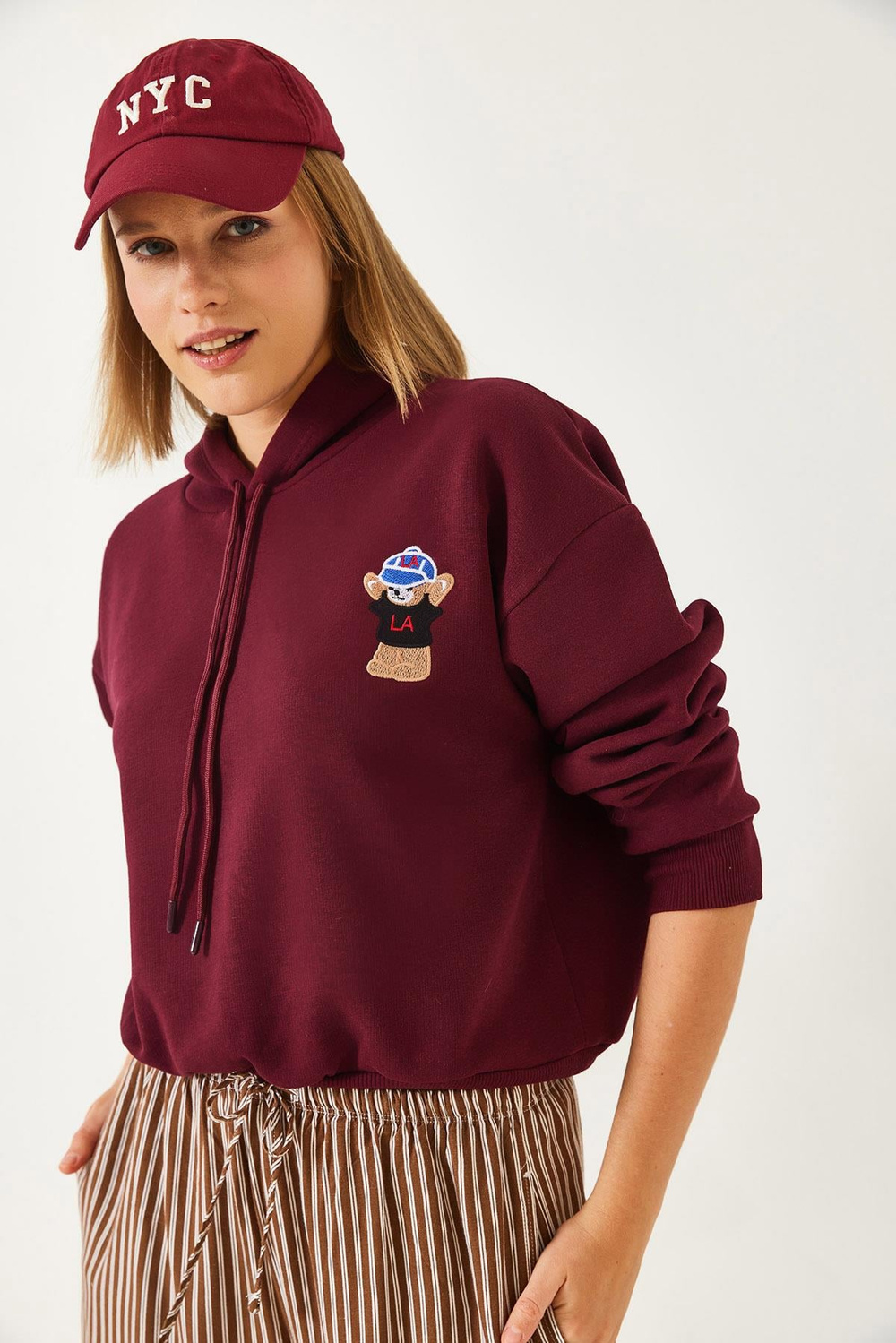 Kadın Kapişonlu Üç İplik Şardonlu Sweatshirt 60351294 - Bordo