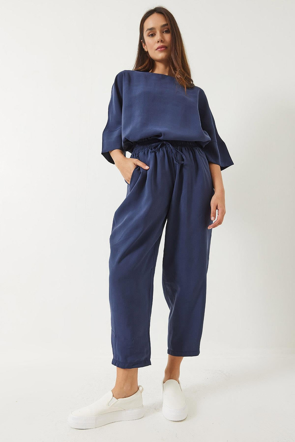 Kadın Kayık Yaka Yarım Kol Bluz Beli Lastikli Şalvar Pantolon Alt-Üst Takım 60283118 - İndigo
