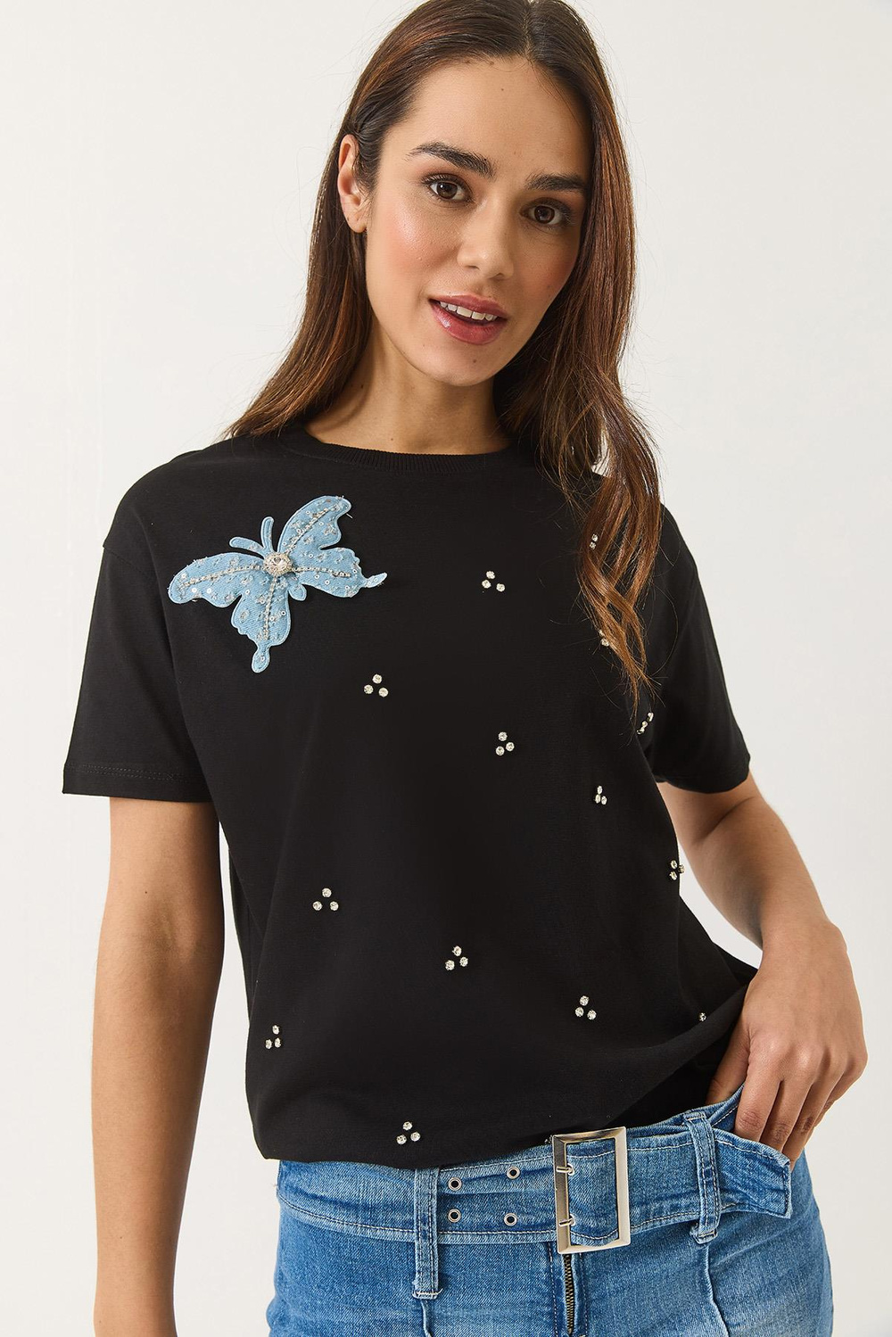 Kadın Kelebek Aksesuarlı Taş İşlemeli Kısa Kollu T-Shirt 60602036 - Siyah