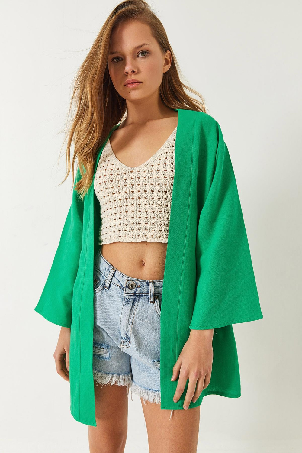 Kadın Keten Dokulu Kısa Basic Kimono 60261496 - Yeşil