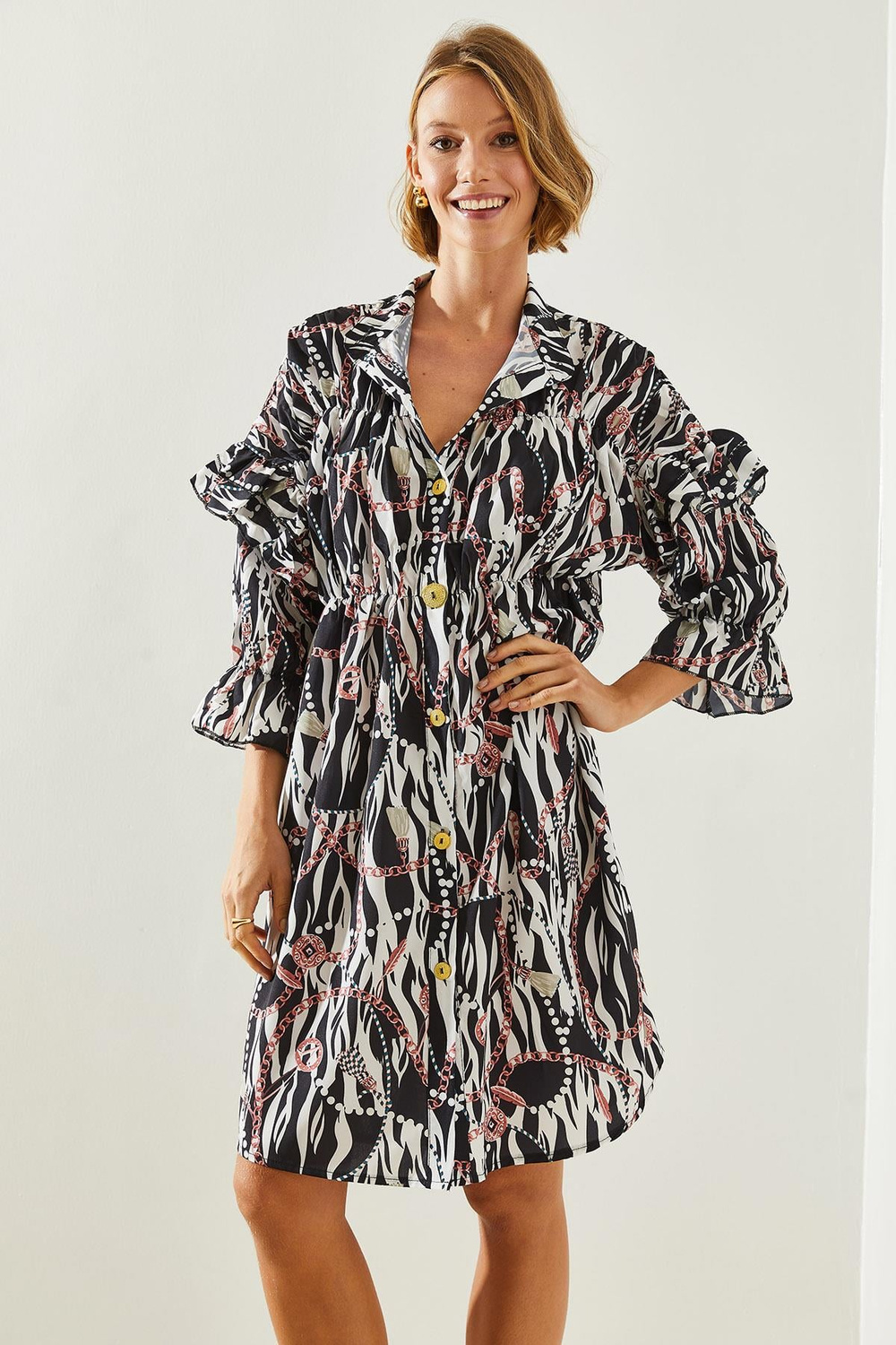 Kadın Kol Detaylı Düğemli Zincir Desenli Elbise 2235 60251702 - Siyah