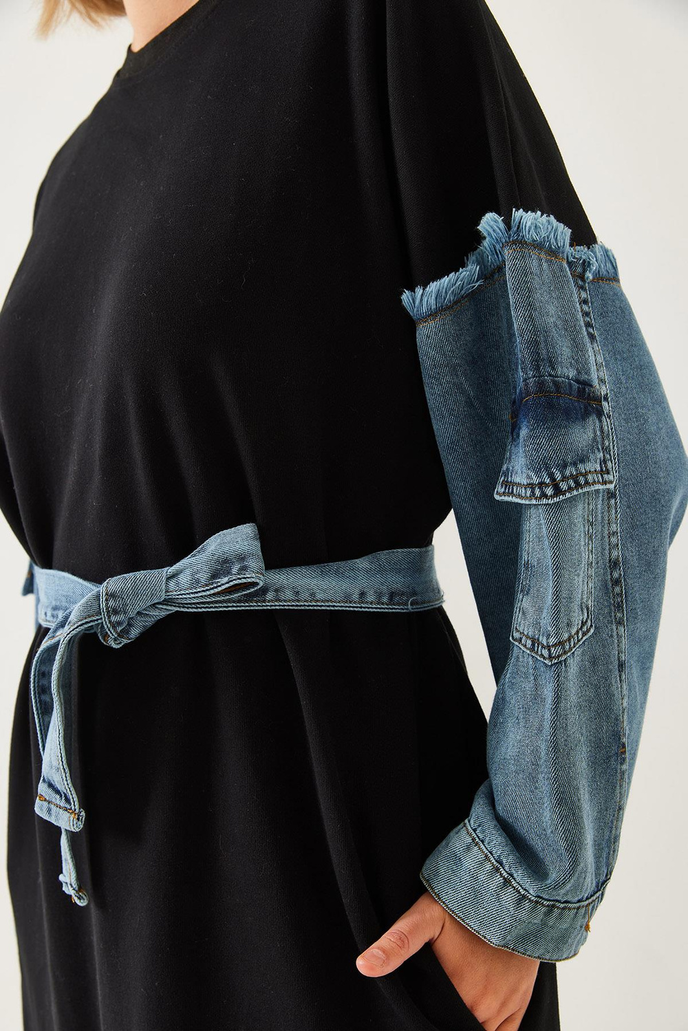 Kadın Kolları Denim Detaylı Elbise 8083 60351247 - Siyah