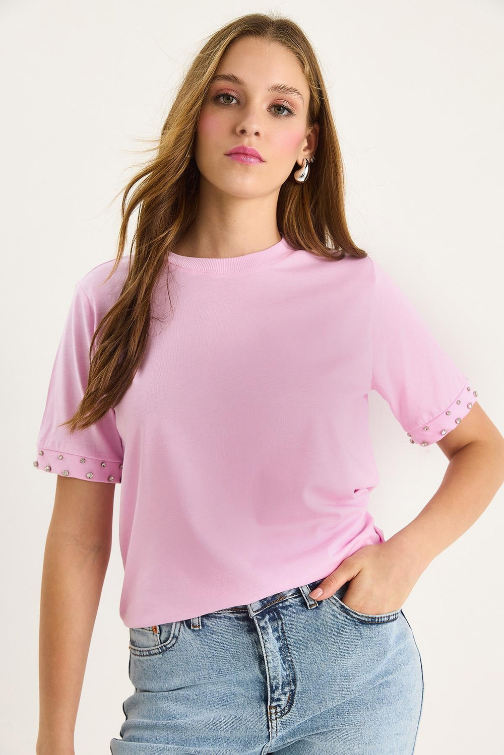 Kadın Kolları Taş İşlemeli Tshirt 60602002 - Pembe