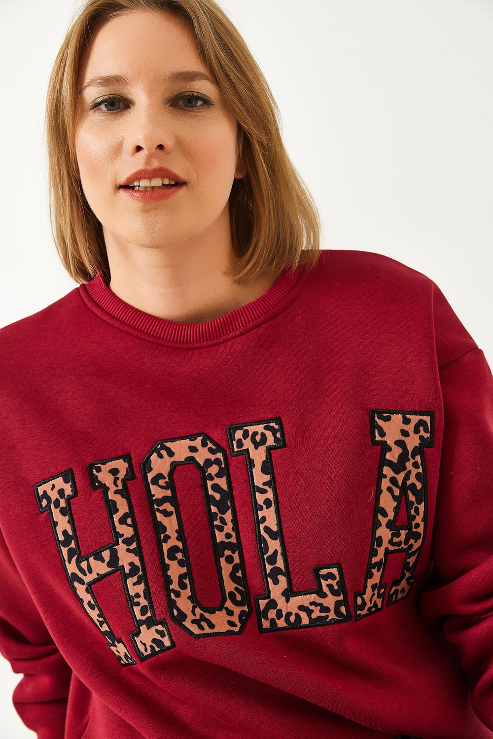 Kadın Leopar Nakışlı Üç İplik Şardonlu Sweatshirt 60261060 - Bordo