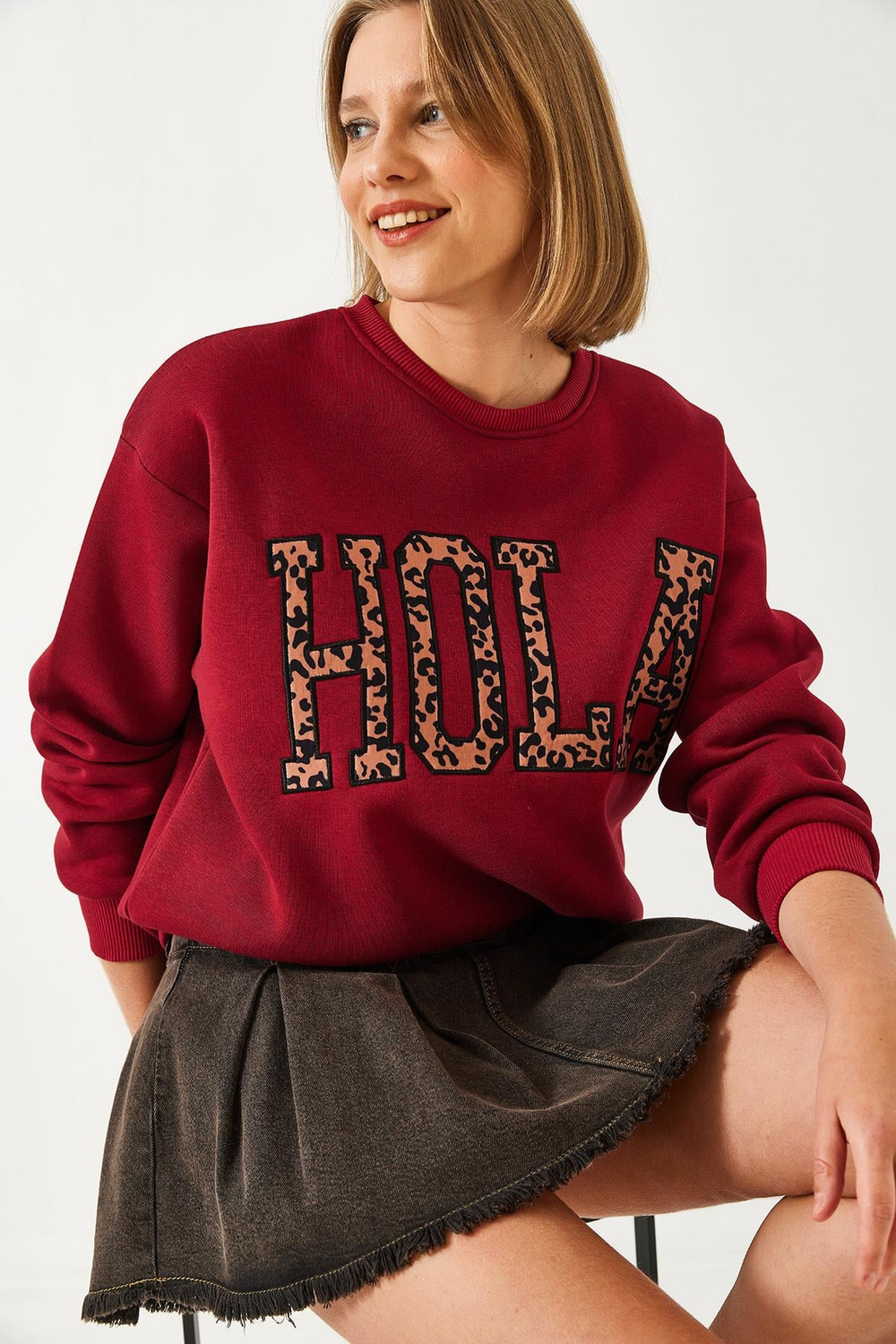 Kadın Leopar Nakışlı Üç İplik Şardonlu Sweatshirt 60261060 - Bordo