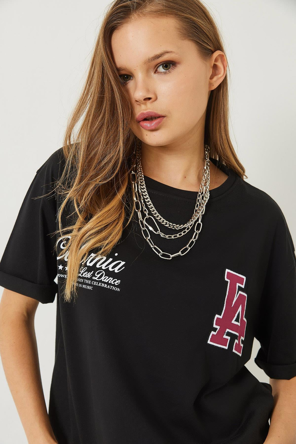 Kadın Los Angeles Baskılı Oversize Kısa Kollu Penye T-Shirt 5197 60283079 - Siyah