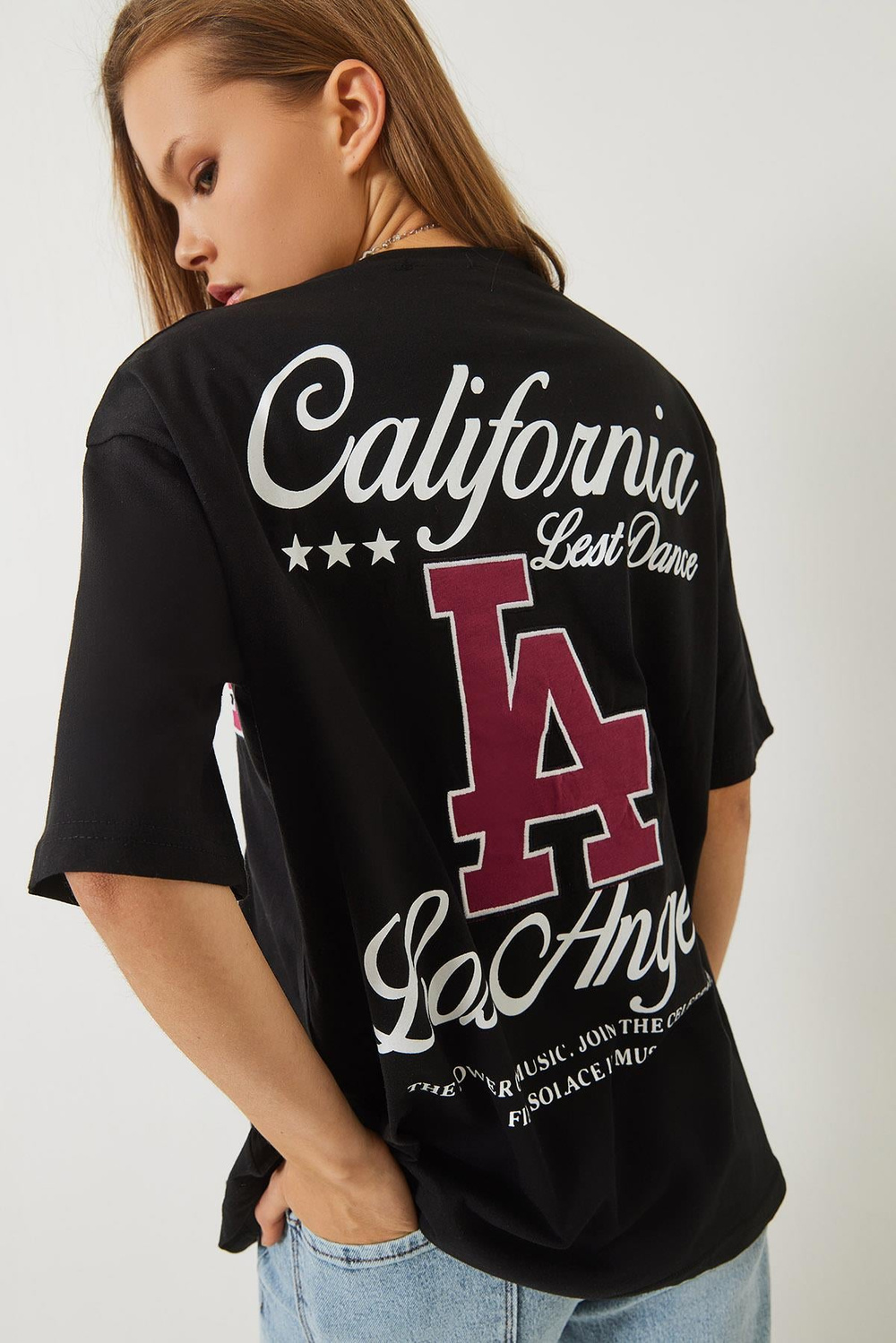 Kadın Los Angeles Baskılı Oversize Kısa Kollu Penye T-Shirt 5197 60283079 - Siyah