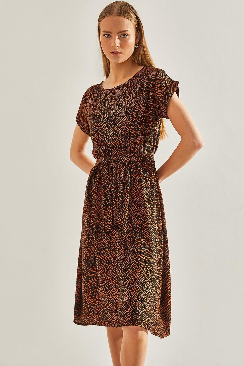 Kadın Multi Desenli Beli Lastikli Elbise 60101047 - Siyah-Camel