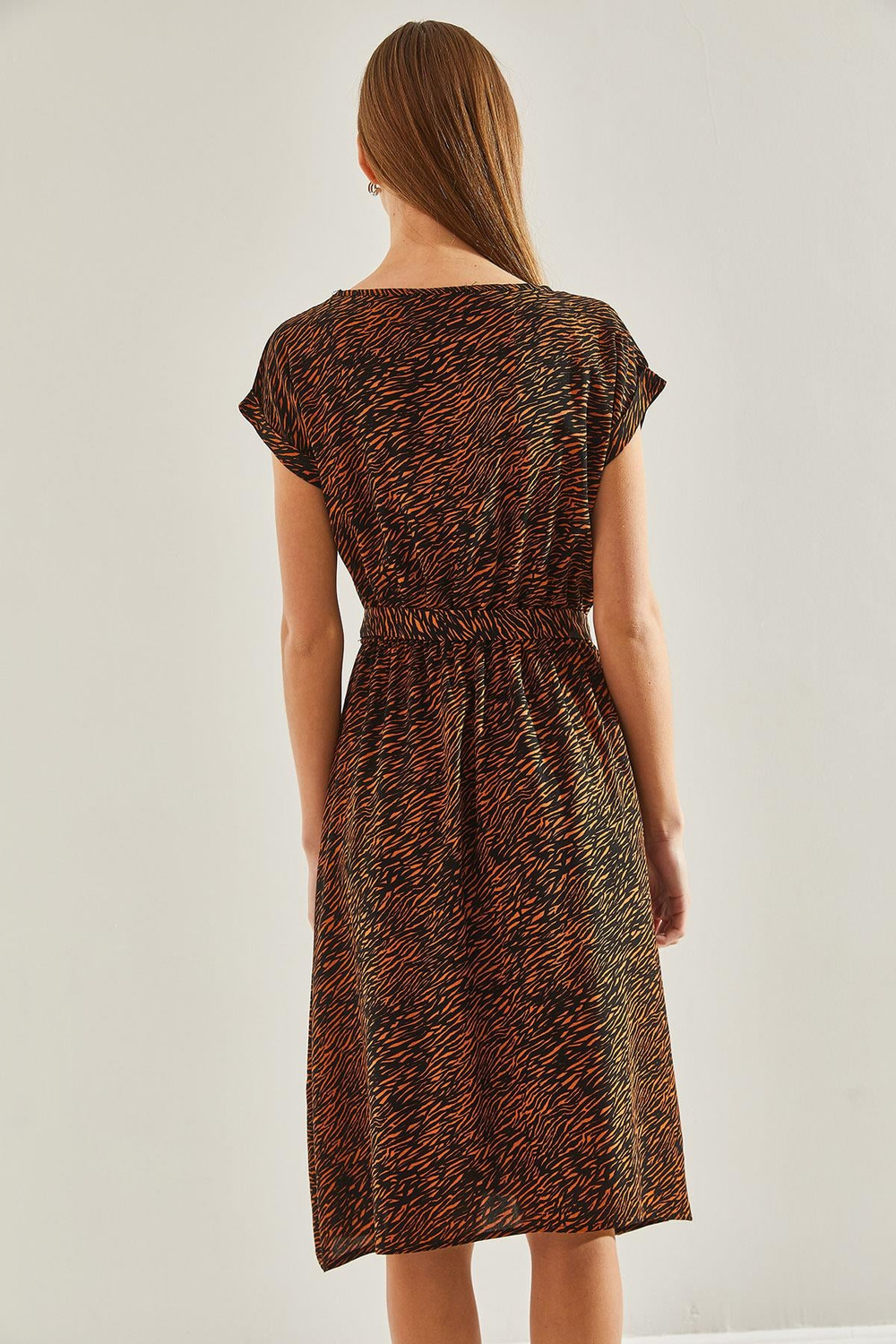 Kadın Multi Desenli Beli Lastikli Elbise 60101047 - Siyah-Camel
