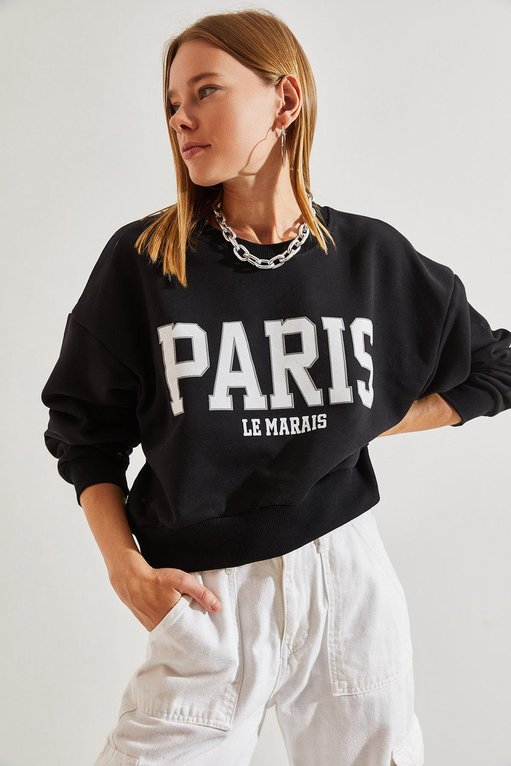 Kadın Paris Baskılı Üç İplik Şardonlu Sweatshirt 40981007 - Siyah
