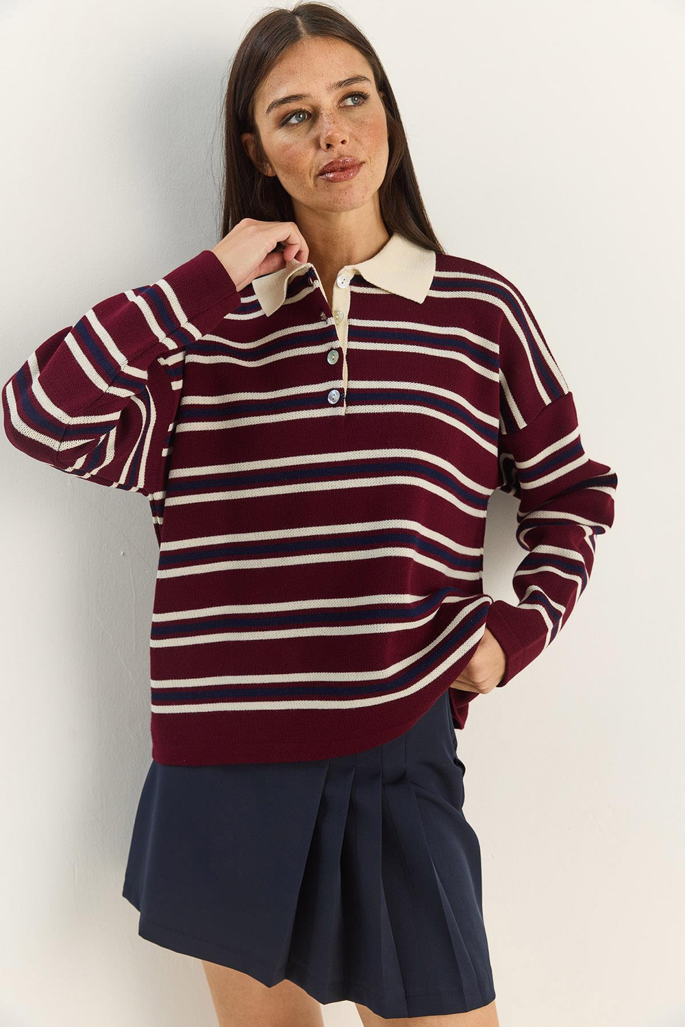 Polo Yaka Çizgili Basic Triko Kazak 20258061 - Bordo