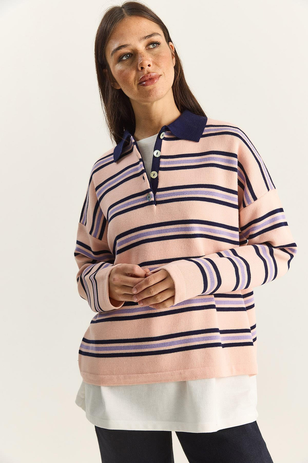 Polo Yaka Çizgili Basic Triko Kazak 20258061 - Pembe