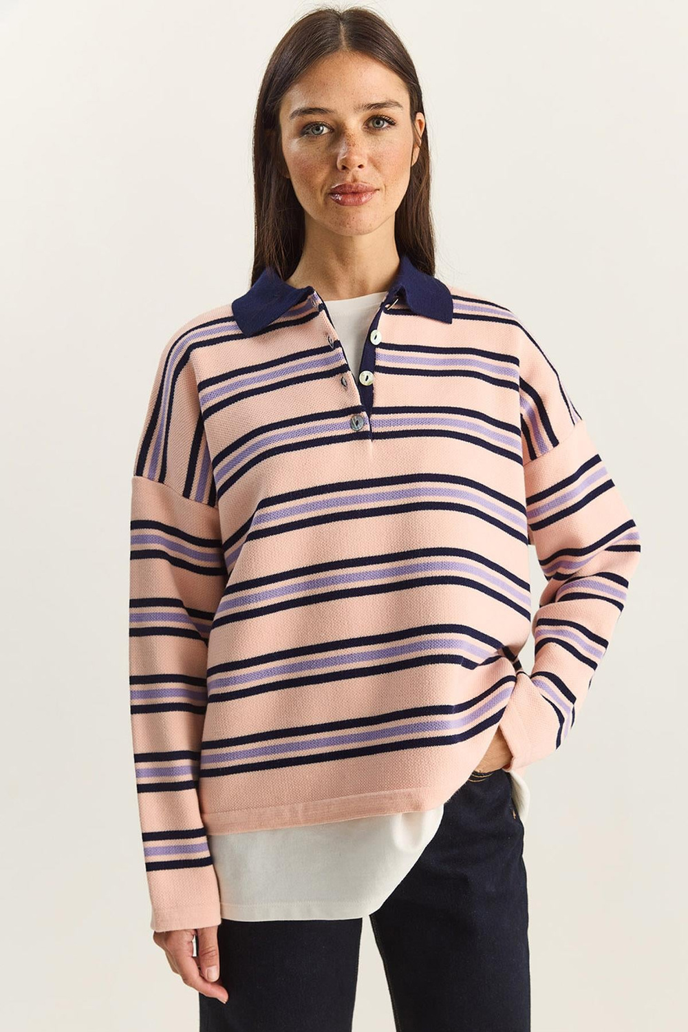 Polo Yaka Çizgili Basic Triko Kazak 20258061 - Pembe