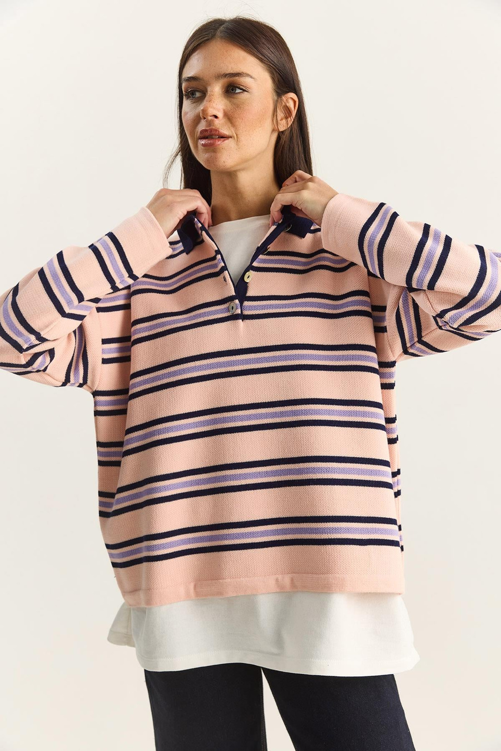 Polo Yaka Çizgili Basic Triko Kazak 20258061 - Pembe