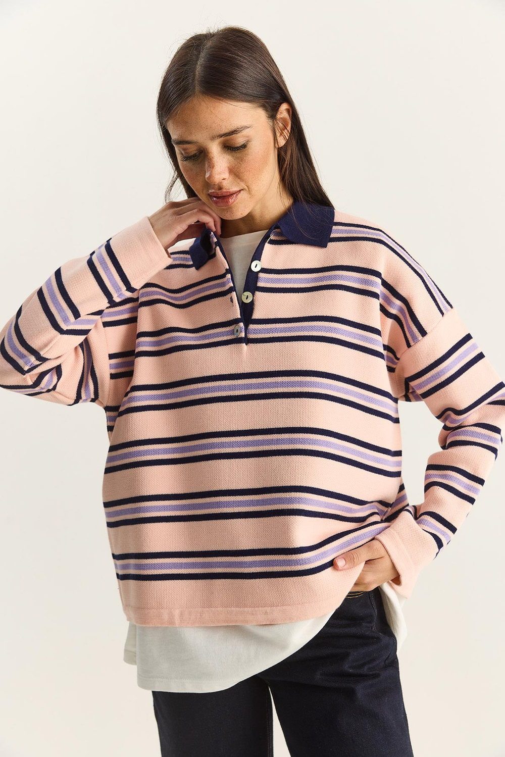 Polo Yaka Çizgili Basic Triko Kazak 20258061 - Pembe