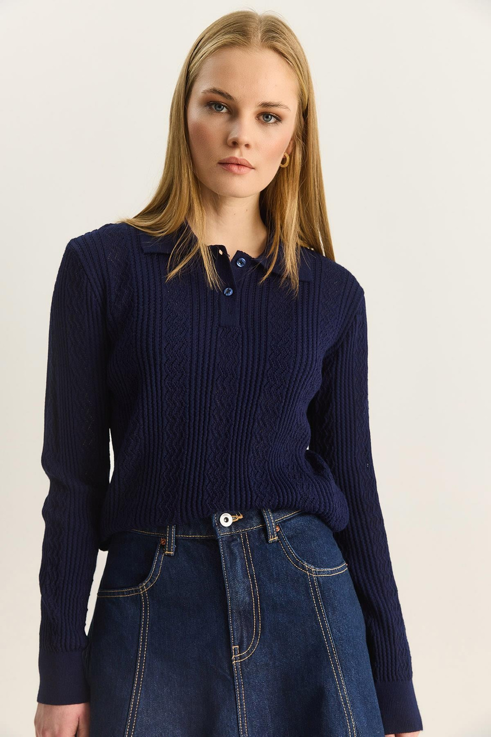 Kadın Polo Yaka Patlı Regular Fit Triko Kazak 20258063 - Lacivert