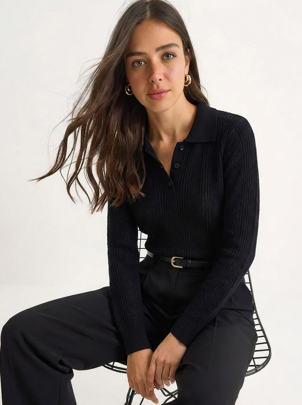 Kadın Polo Yaka Patlı Regular Fit Triko Kazak 20258063 - Siyah