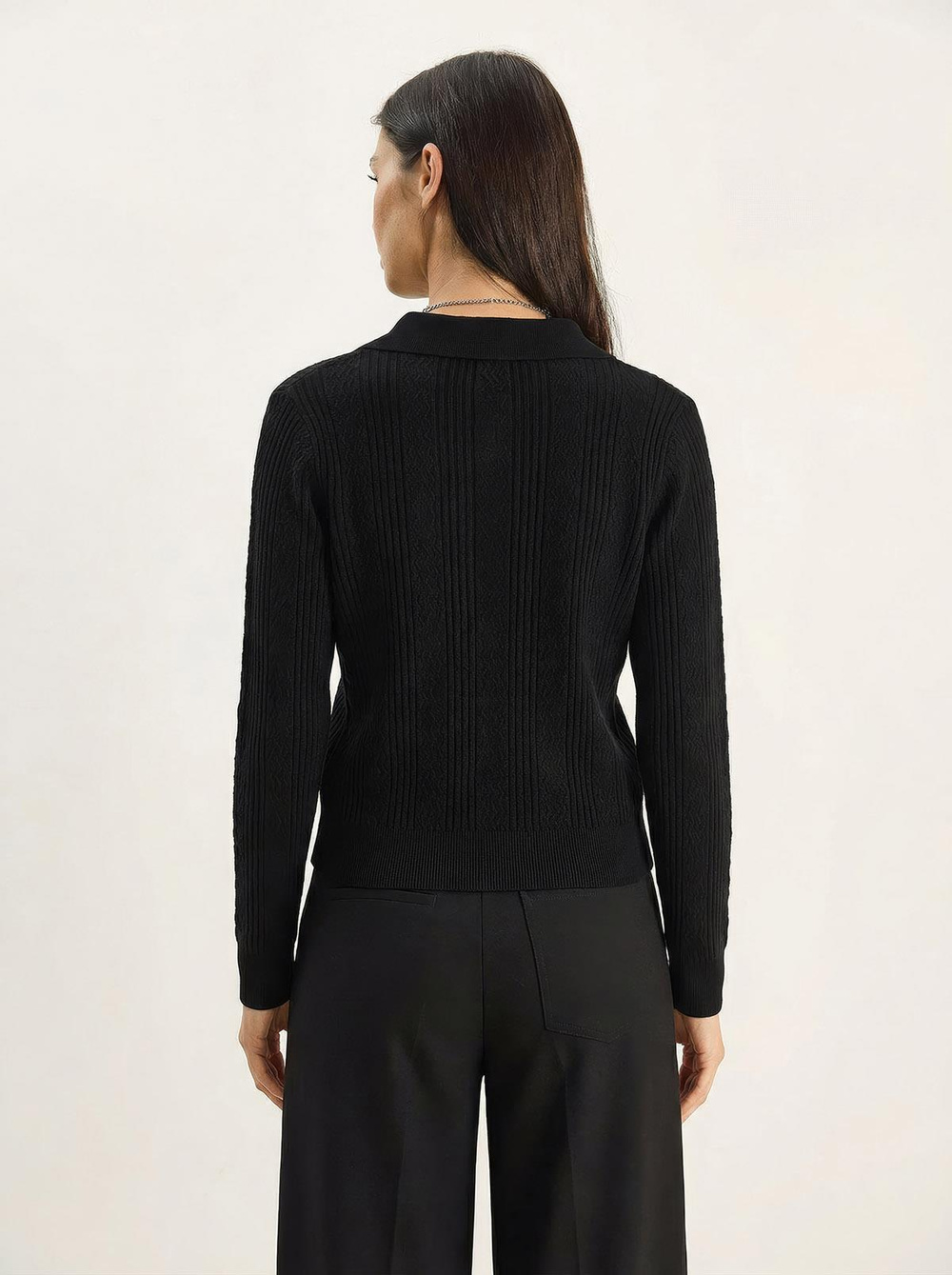 Kadın Polo Yaka Patlı Regular Fit Triko Kazak 20258063 - Siyah
