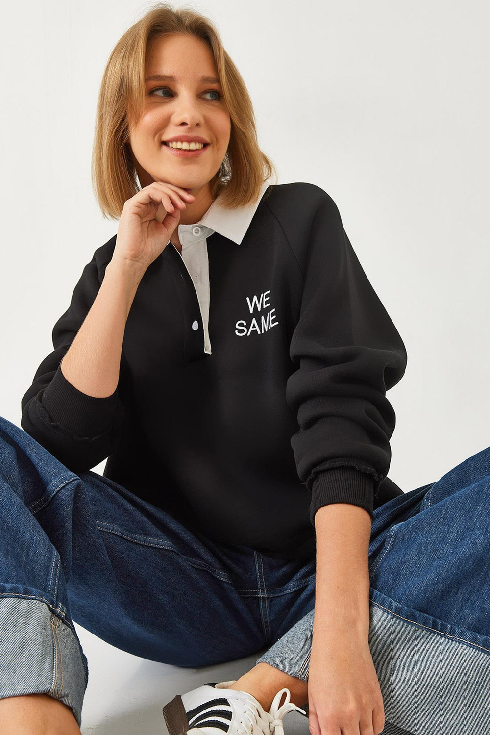 Kadın Polo Yaka Üç İplik Şardonlu Sweatshirt 2069 60261149 - Siyah
