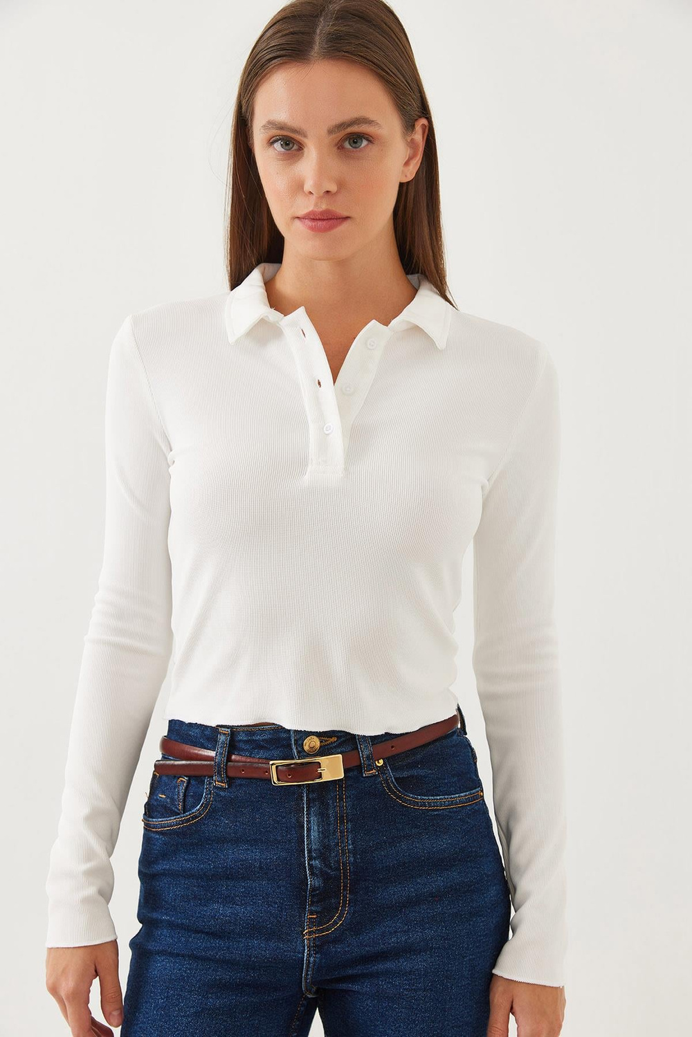 Kadın Polo Yaka Yarım Düğmeli Fitilli Crop Bluz 60351020 - Beyaz