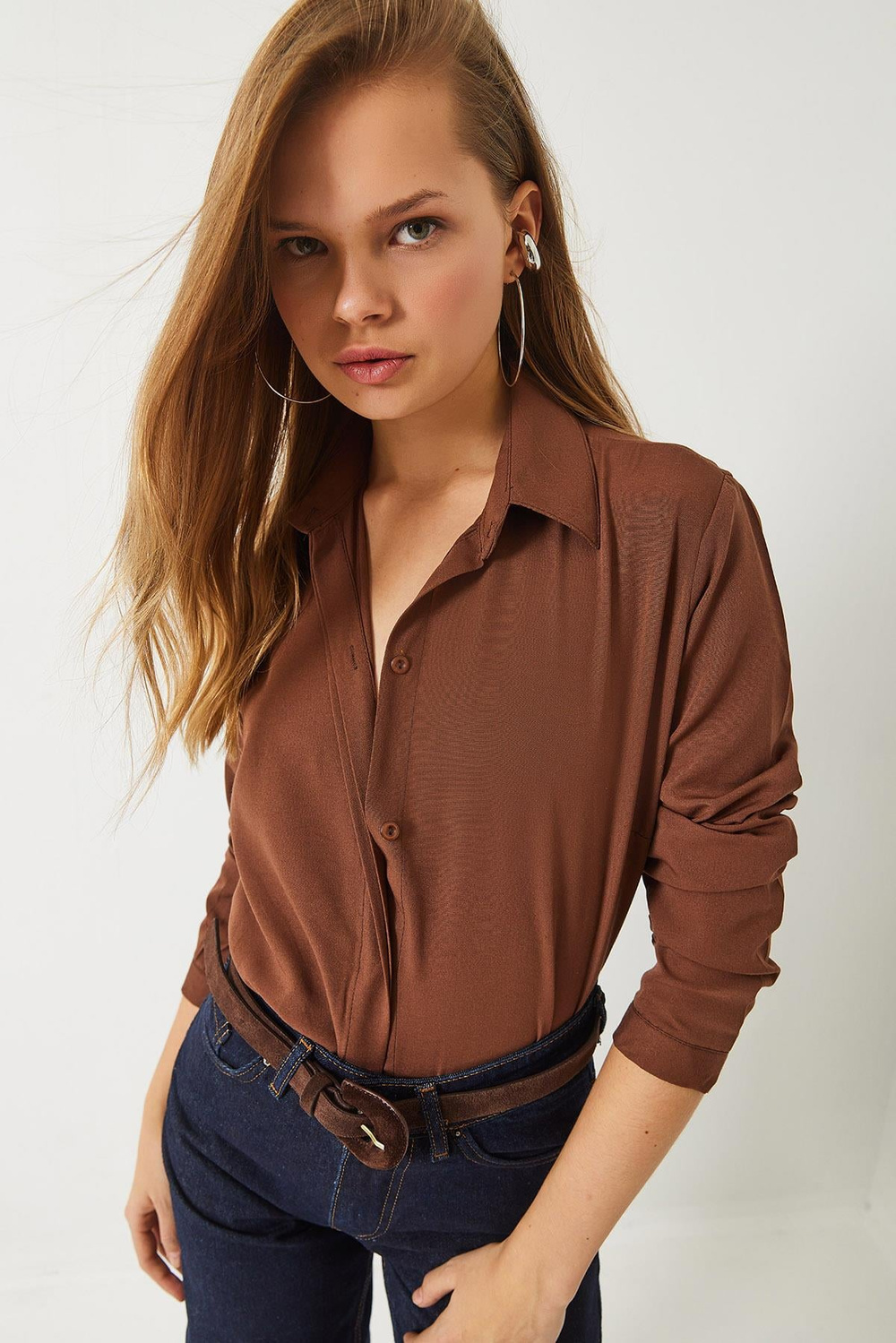 Kadın Regular Kalıp Basic Gömlek 60261541 - Kahverengi