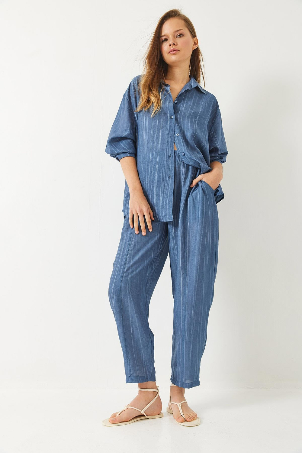 Kadın Sieva Kumaş Oversize Viskon Gömlek Pantolon Alt-Üst Takım 9291 60281015 - İndigo