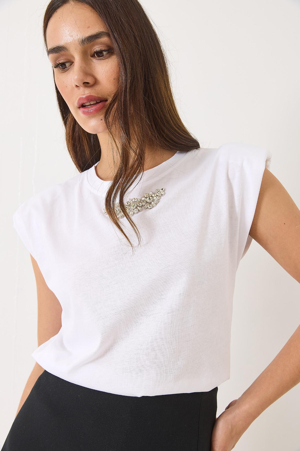 Kadın Taş Detaylı Vatkalı Kolsuz T-Shirt 3059 60283041 - Beyaz