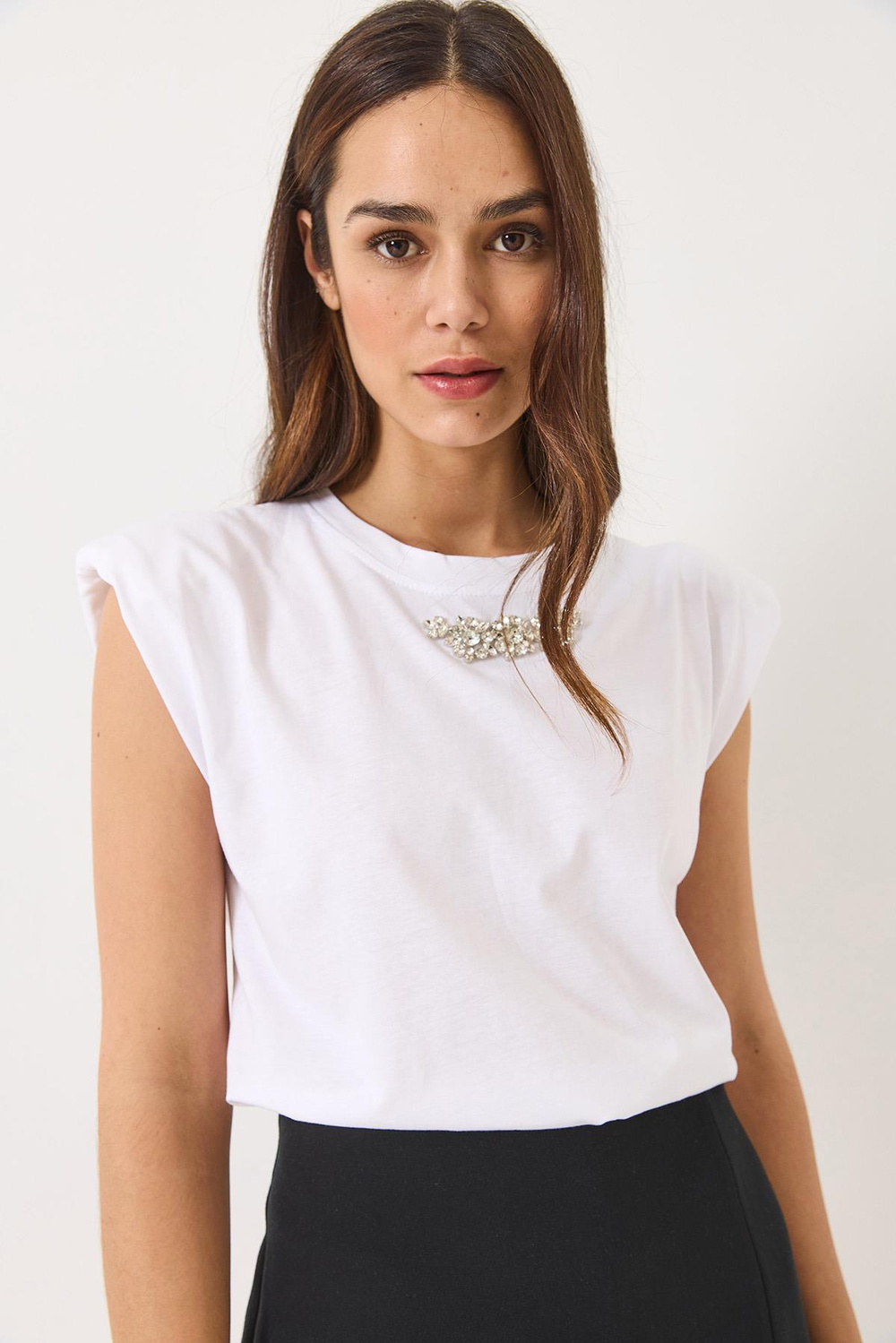 Kadın Taş Detaylı Vatkalı Kolsuz T-Shirt 3059 60283041 - Beyaz