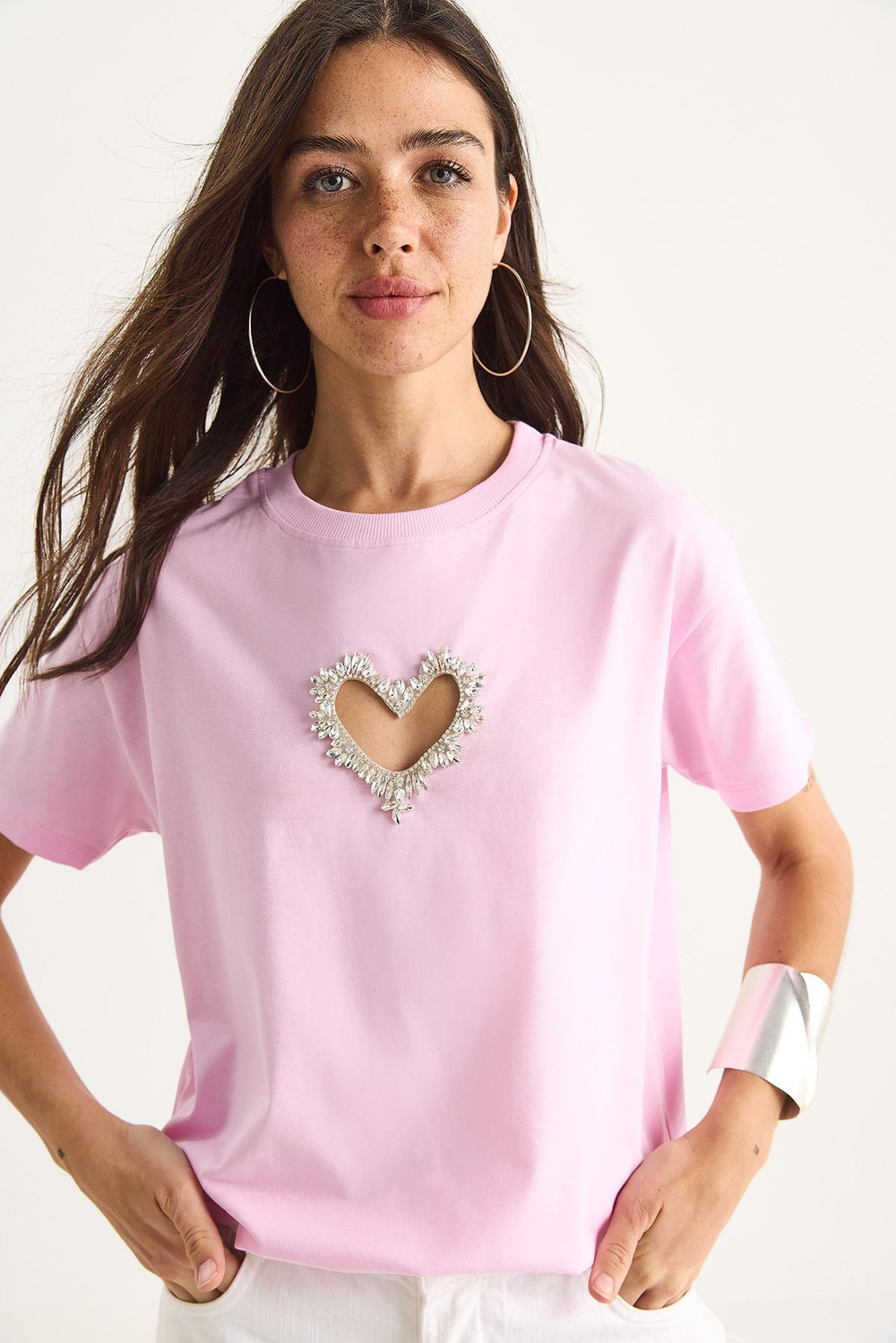 Kadın Taşlı Kalp Pencereli Pamuklu T-Shirt 60602073 - Şeker Pembe