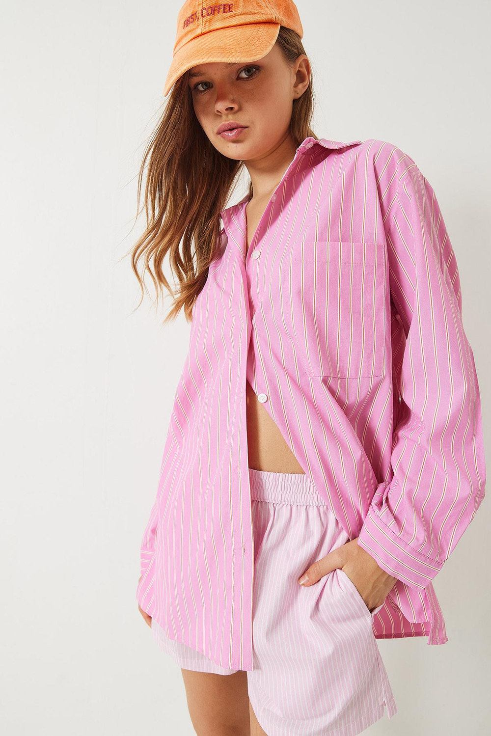 Kadın Tek Cep Detaylı Çizgili Poplin Gömlek 60283071 - Pembe