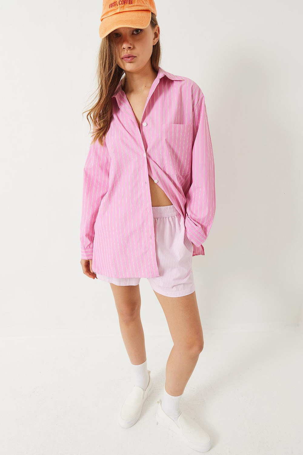 Kadın Tek Cep Detaylı Çizgili Poplin Gömlek 60283071 - Pembe