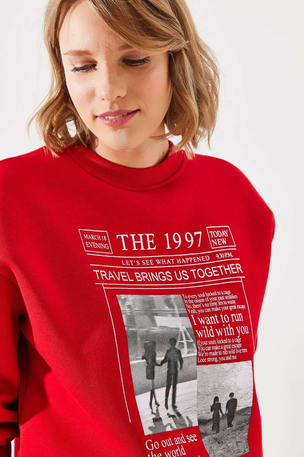 Kadın Üç İplik Şardonlu The 1997 Baskılı Sweatshirt MBHS009 60601009 - Kırmızı