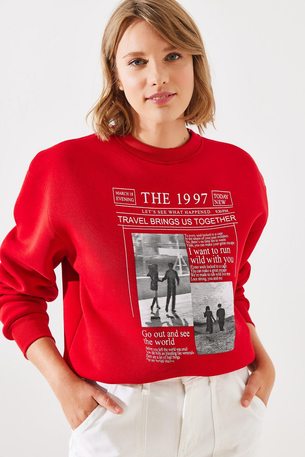 Kadın Üç İplik Şardonlu The 1997 Baskılı Sweatshirt MBHS009 60601009 - Kırmızı