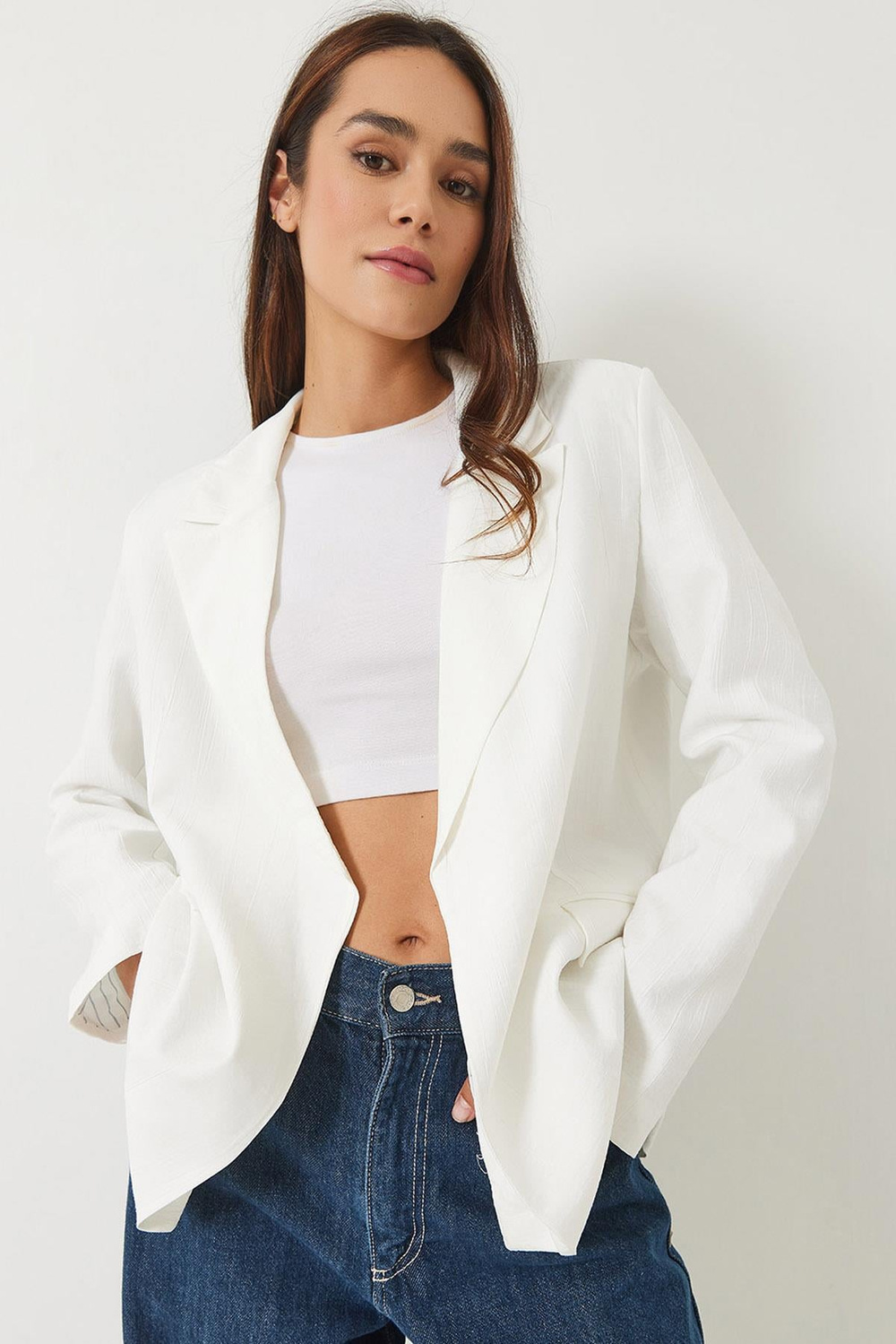 Kadın Vatkalı Astarı Çizgili Çilek Kumaş Blazer Ceket 50178 60283002 - Ekru