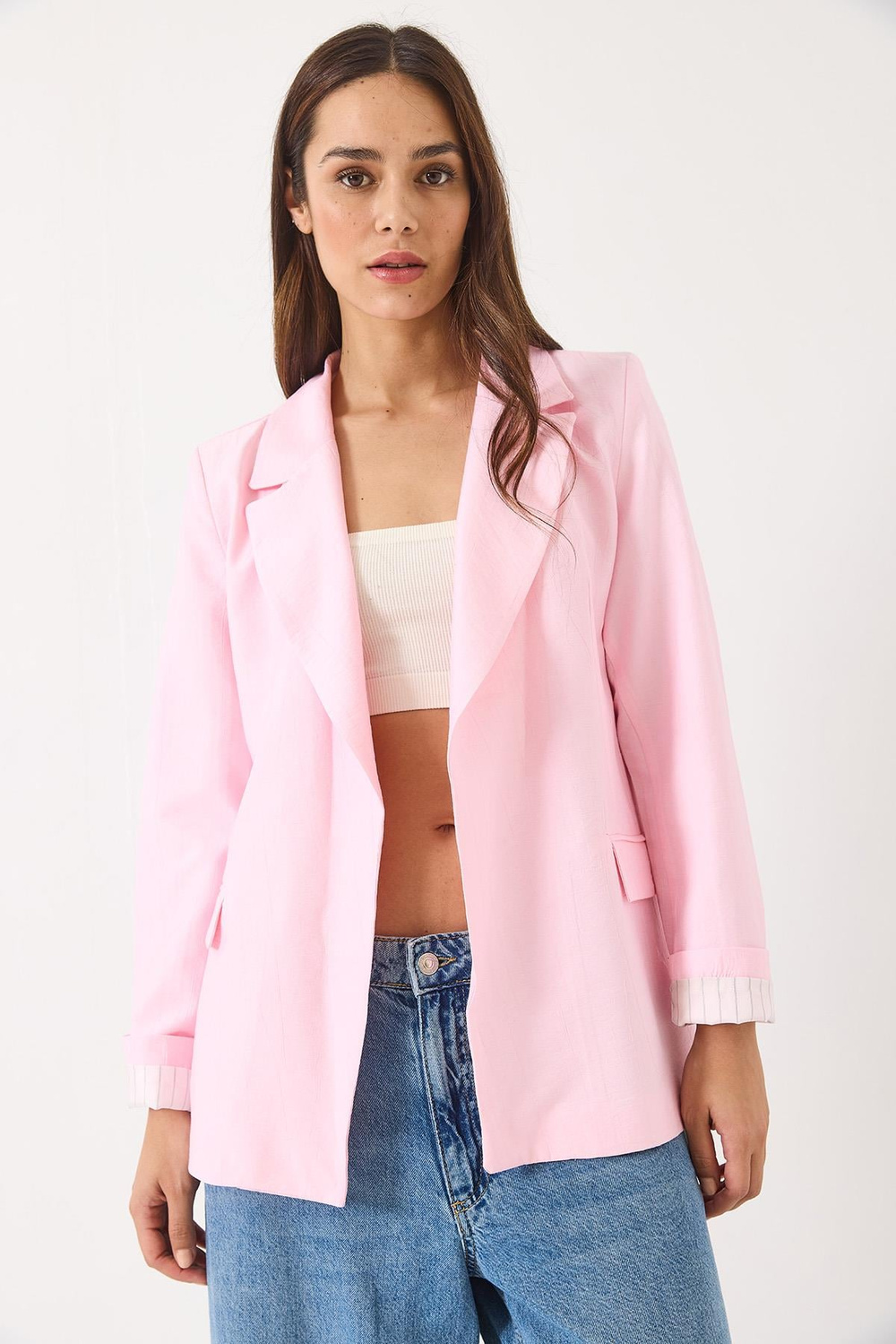 Kadın Vatkalı Astarı Çizgili Çilek Kumaş Blazer Ceket 50178 60283002 - Pudra