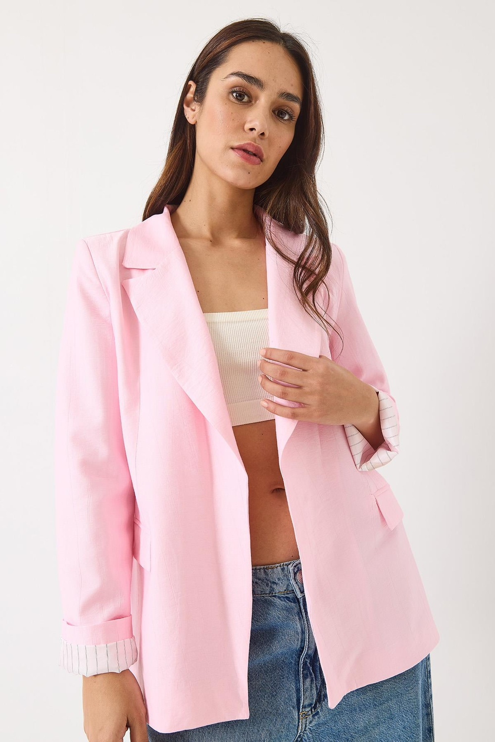 Kadın Vatkalı Astarı Çizgili Çilek Kumaş Blazer Ceket 50178 60283002 - Pudra