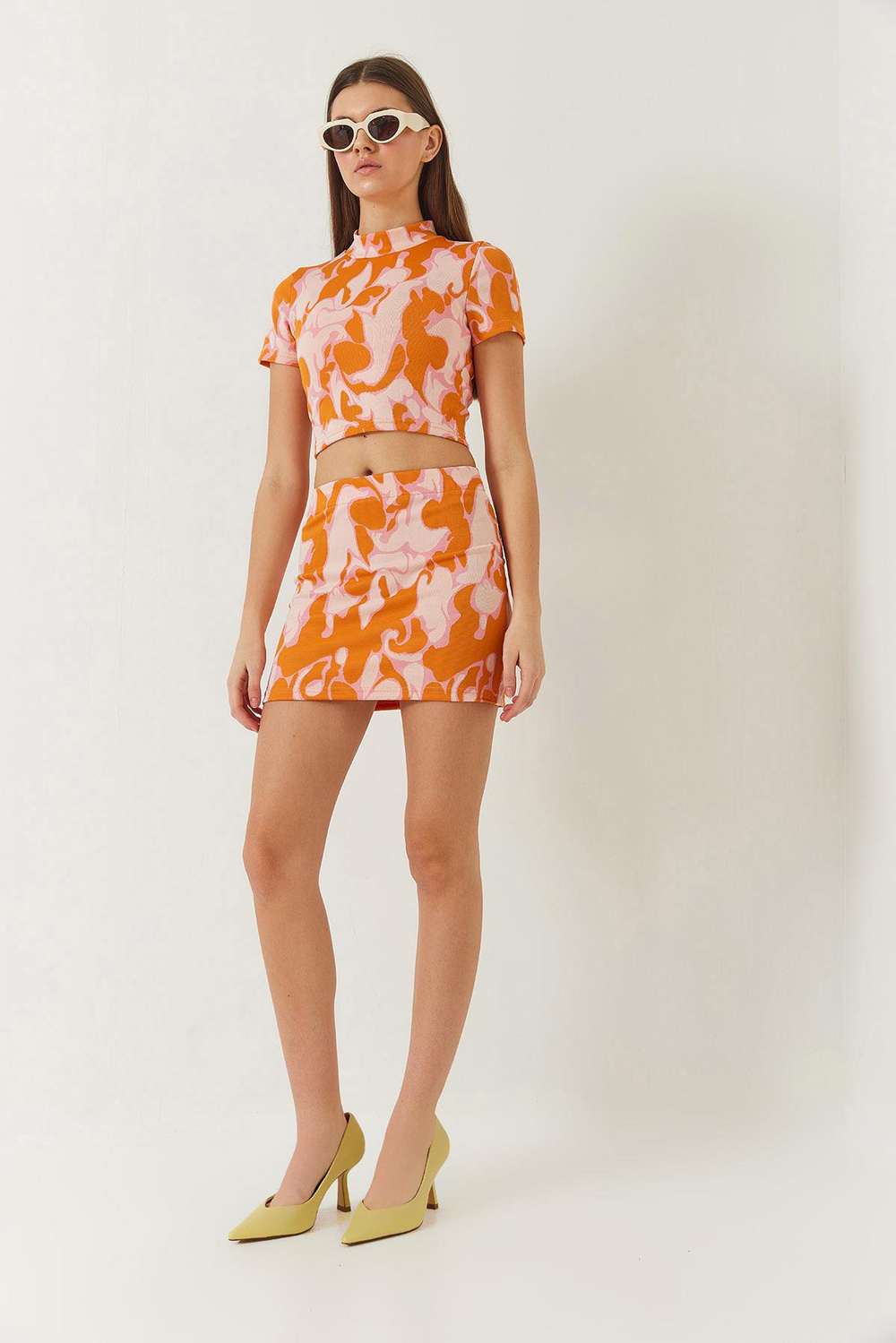 Kadın Yarım Balıkçı Kısa Kollu Crop Mini Etekli Alt-Üst Takım 60261373 - Orange-Pudra