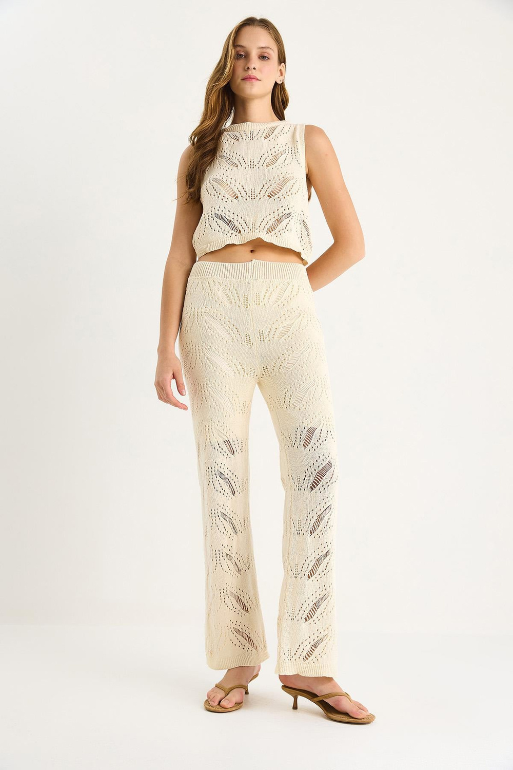 Kadın Zigzag Desenli Crop Bluz Yüksel Bel Bol Pantolon Alt-Üst Takım 20258011 - Ekru