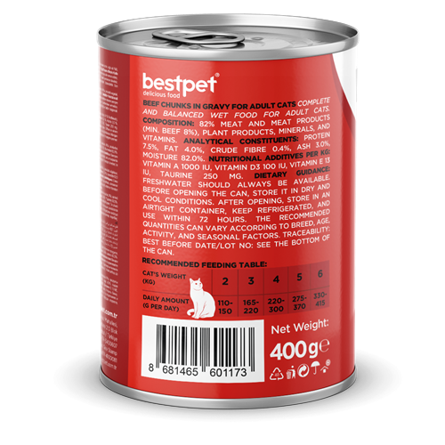 Bestpet Yetişkin Kediler İçin, Taze Sığır Parça Etli Ve Soslu Yaş Mama 400 gr