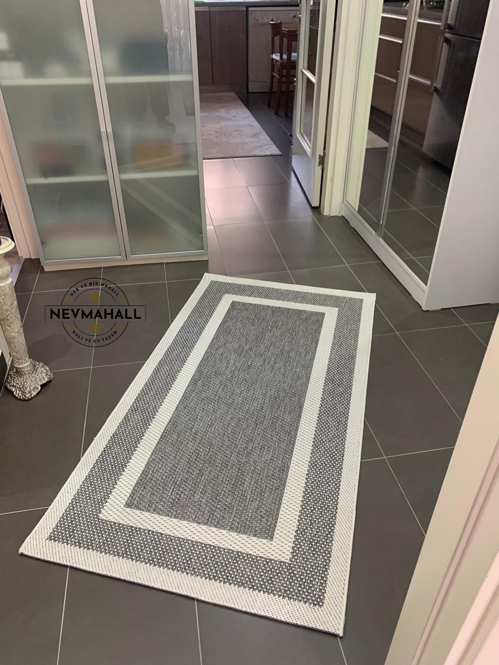 Çift Çerçeve Detaylı Yumuşak Sisal Halı Gri-Krem